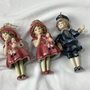 Charming Porcelain Doll Ornaments - Set of Three Bell Style Moveable Legs X-mas